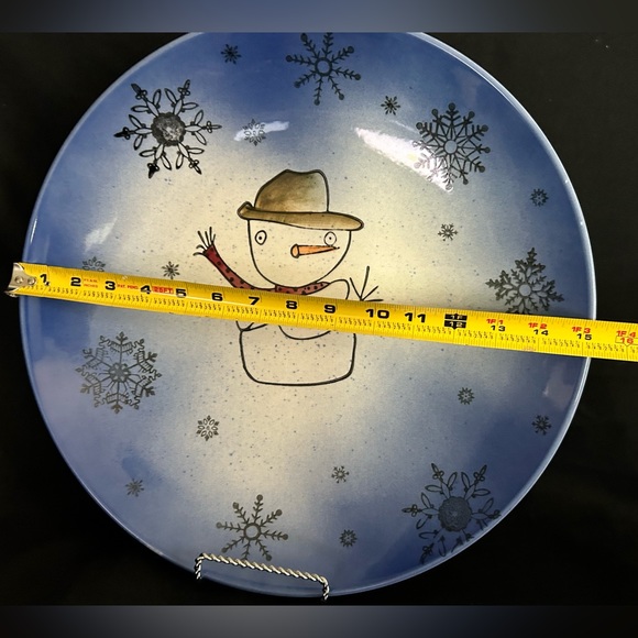 Cowboy Snowman ceramic blue large platter Beaver Farm pottery 15” diameter - Picture 11 of 11